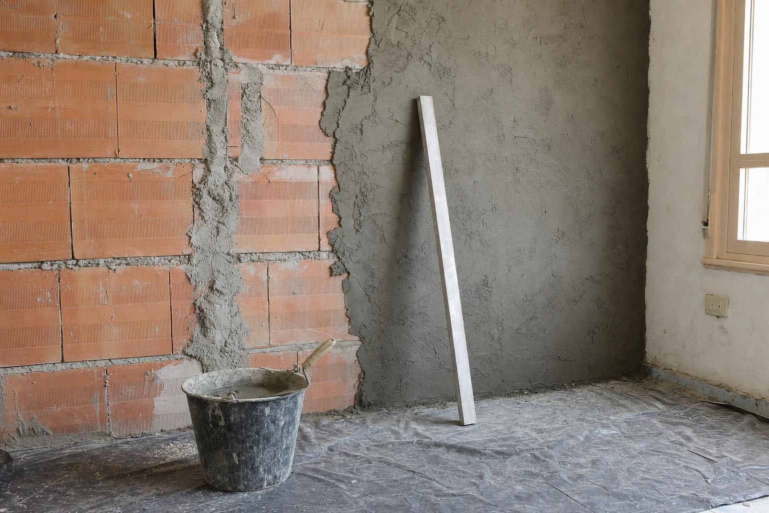 Pared interior a medio revocar, con el ladrillo hueco a la vista, una cuchara de albañil y un balde con mezcla