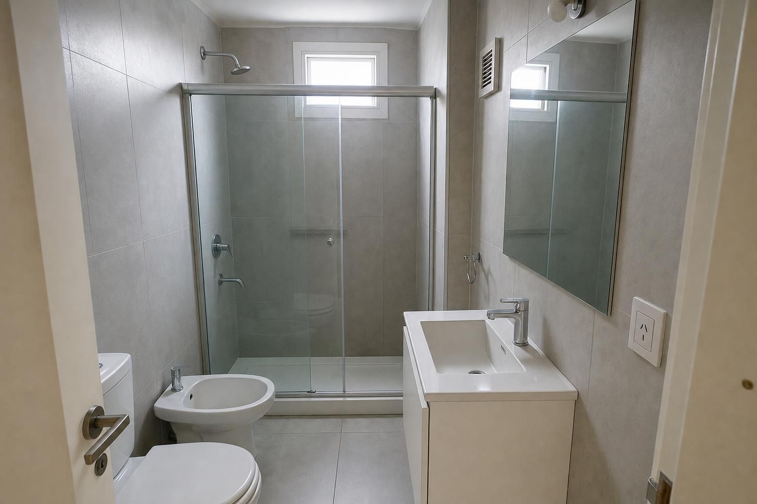 Baño recién remodelado con porcelanato gris, receptáculo con mampara de vidrio, vanitory suspendido, inodoro y bidet