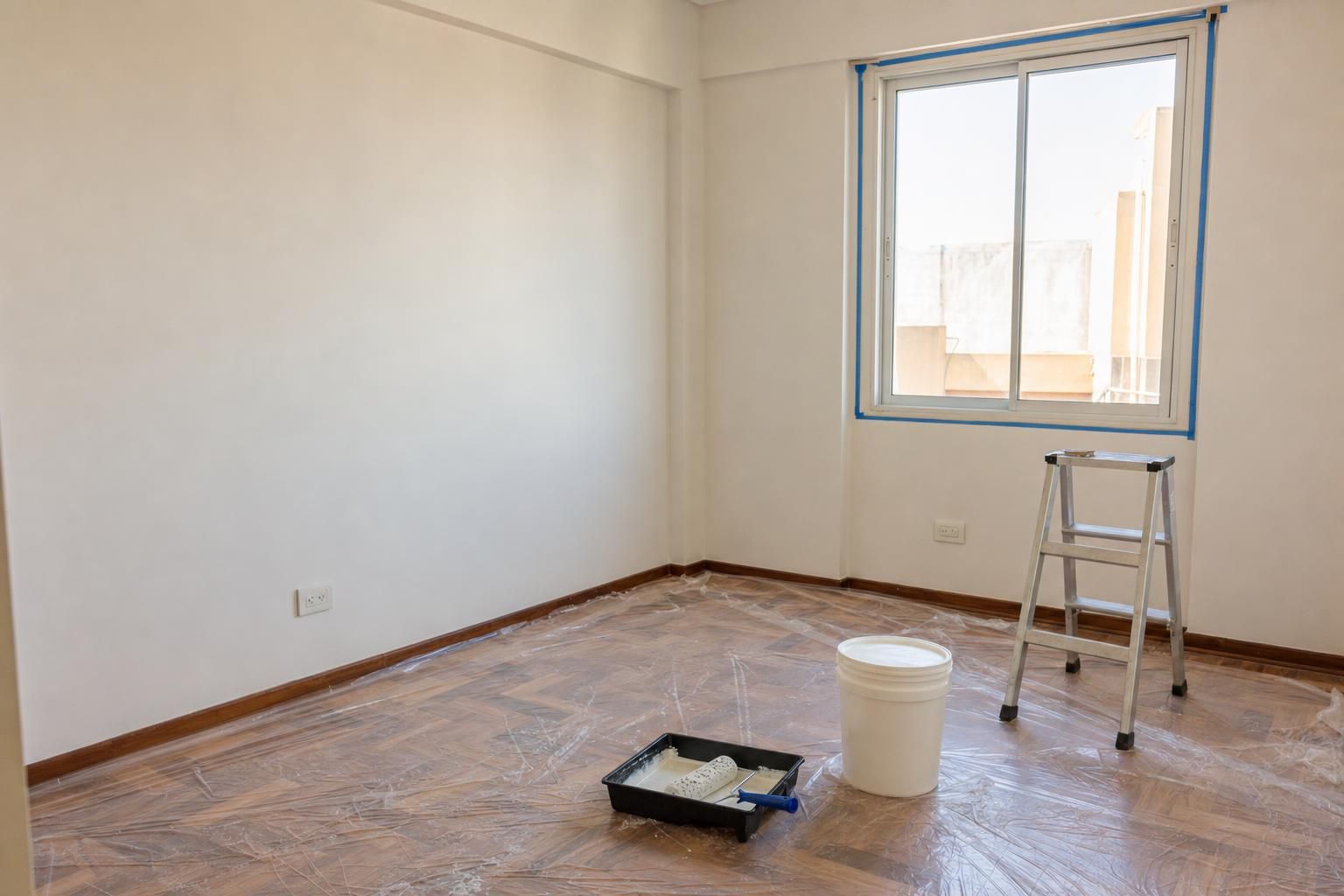 Dormitorio recién pintado de blanco, con un rodillo y una bandeja sobre nylon en el piso y una escalera